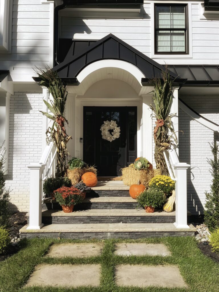 Autumn front porch display with pumpkins and seasonal landscaping