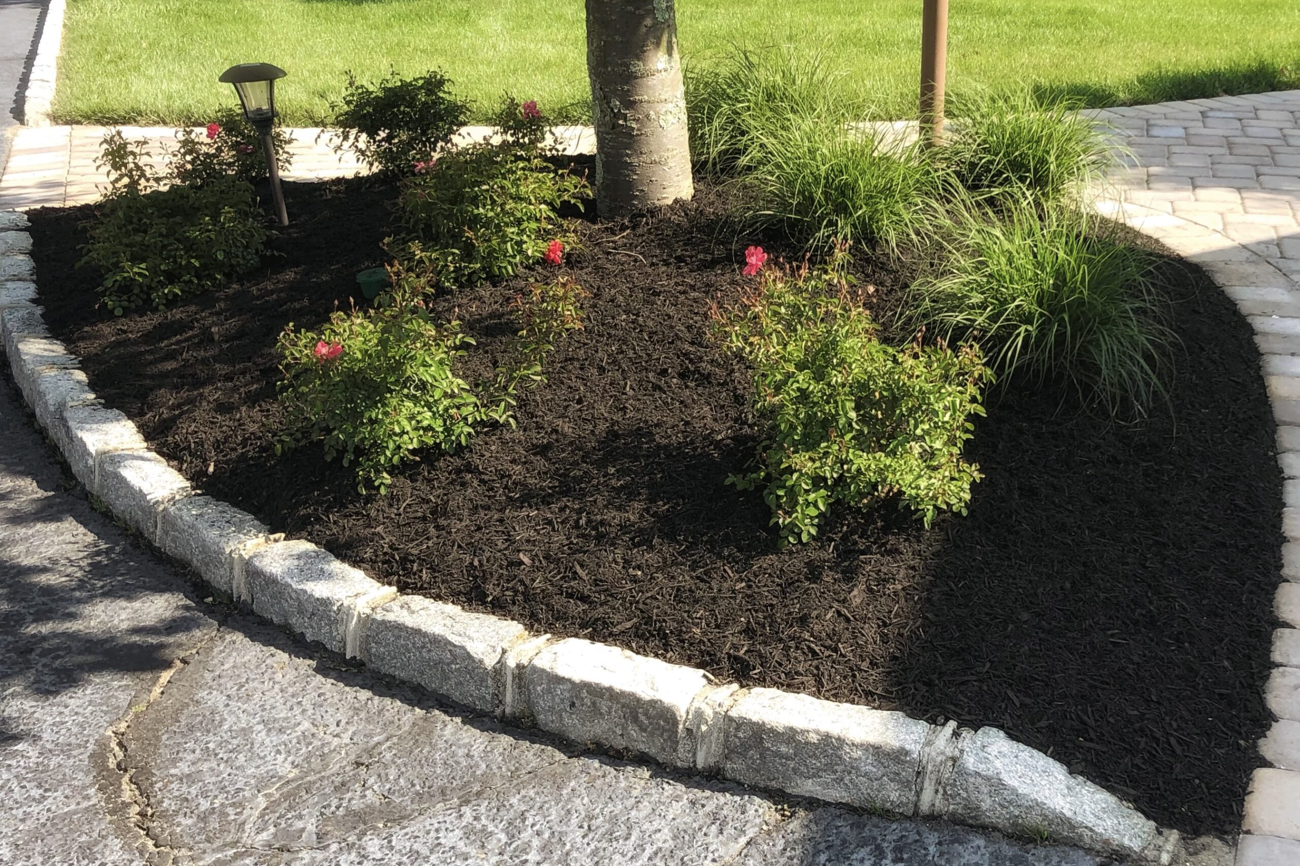 Mulch installation in residential planting bed by Green Horizon Landscape.