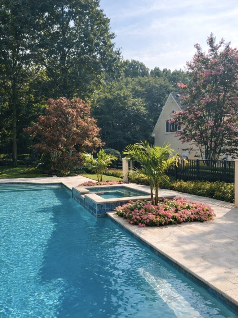 Landscaped garden beds surrounding residential backyard pool