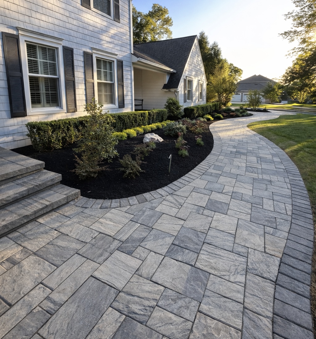 Stone walkway installation with front yard planting beds at residential property in Monmouth County NJ.